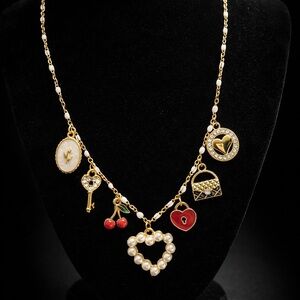 Hand Made, 18k Gold Plated Charm Necklace with Red and White Accents